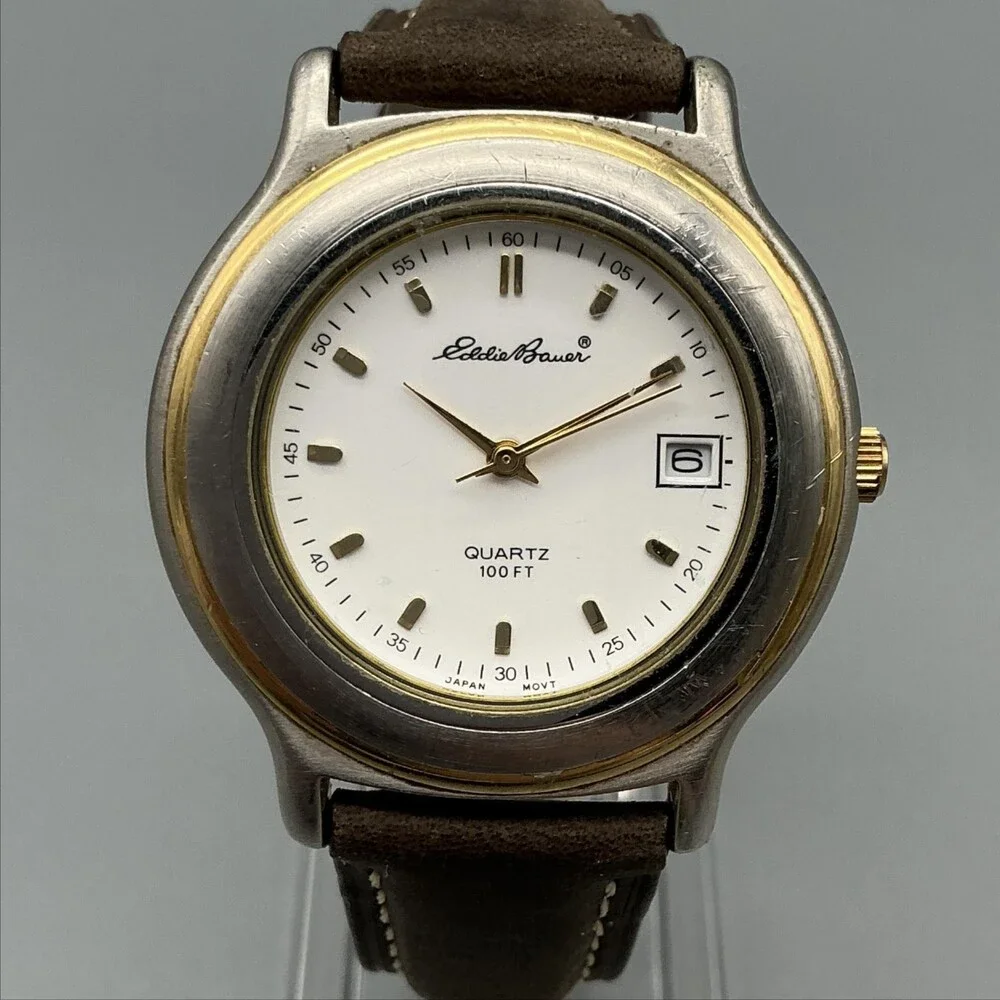 Vintage Eddie Bauer V102 Womens Watch 25mm White Dial Brown Leather New Battery